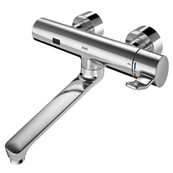 KWC F4ET-Med optoelektroniskais termostata izlietnes ūdens maisītājs sanitārajām telpām veselības aprūpes un aprūpes sektorā, sienas montāža 9.0 l/min ar projekciju 296mm, hroms (2030072425 / F4ET1002)